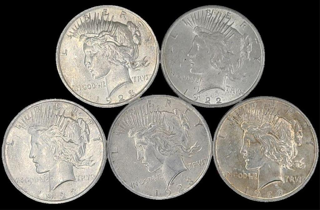5 VF/XF U.S. Silver Peace Dollars - 1922 & 1923 (1 of 8)