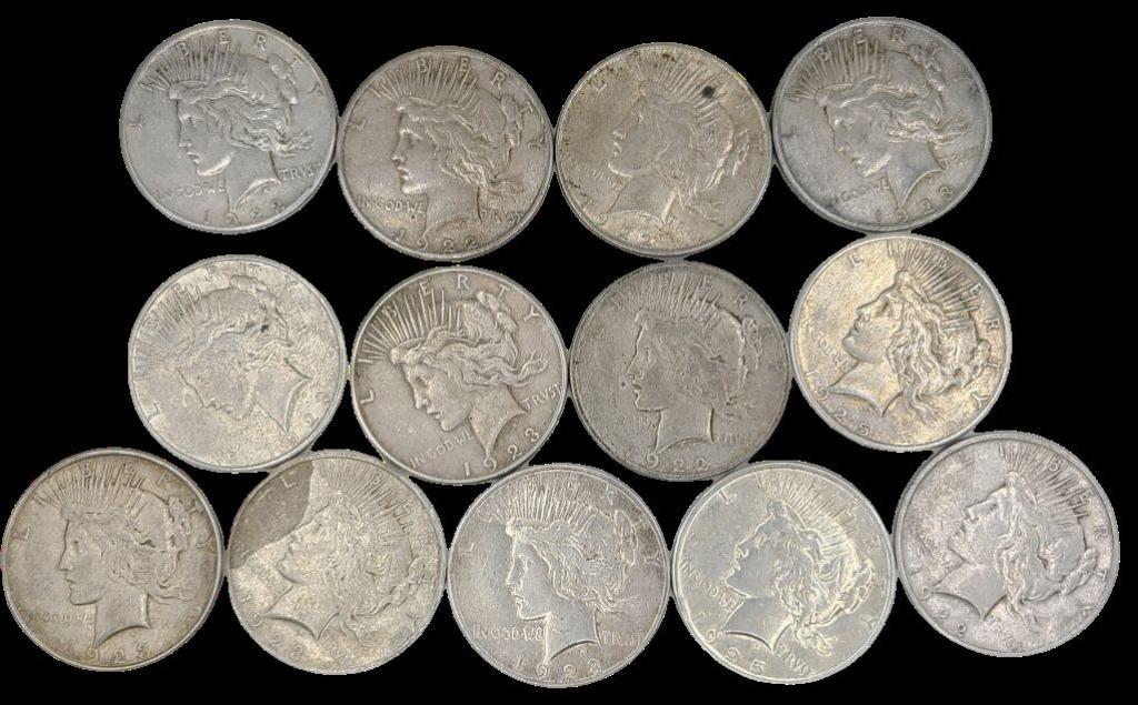 13 U.S. Peace Silver Dollars - Circulated (1 of 12)