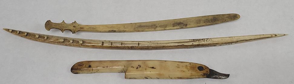 Lot of 3 Antique Inuit Carved Tools: Tags are from a museum, unknown which museum.