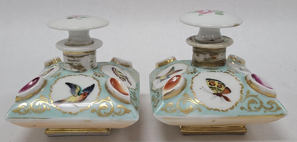 2 Antique Handpainted Perfume Bottles: Possible Limoges. Some damage, has been repaired. See photos for condition issues.