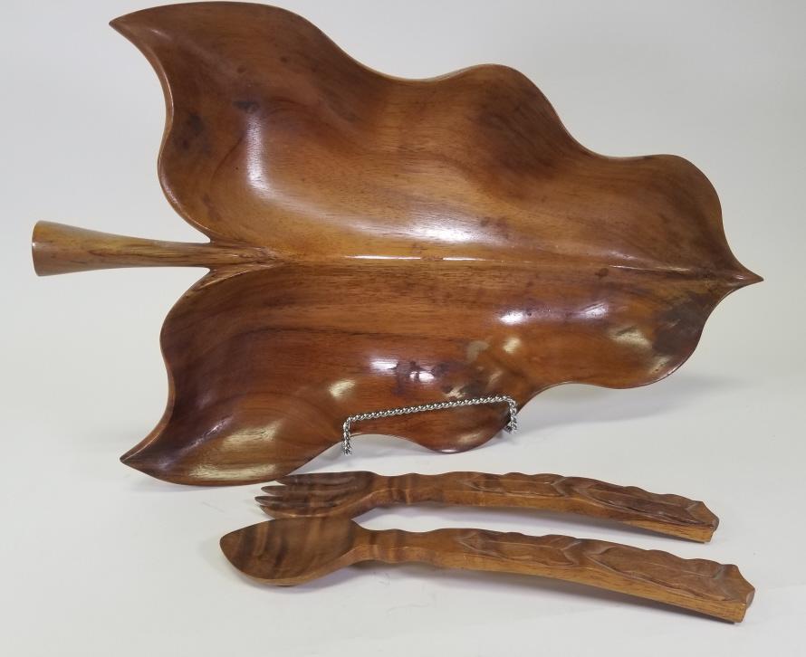 Mid Century Monkey Pod Salad Serving Bowl: This set was picked up in Hawaii when the owner was returning from the Korean conflict. Measures 21.25" long by 13" wide by 3" deep. Utensils measure 12" long by 2.5" wide.