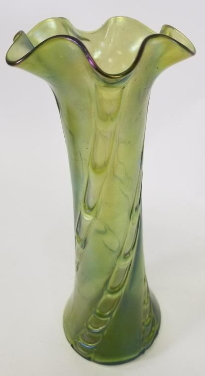 Loetz Green Irridescent Ruffled Edge Vase: Measures 11.5" tall by 4.5" diameter at rim and 4" diameter at base.