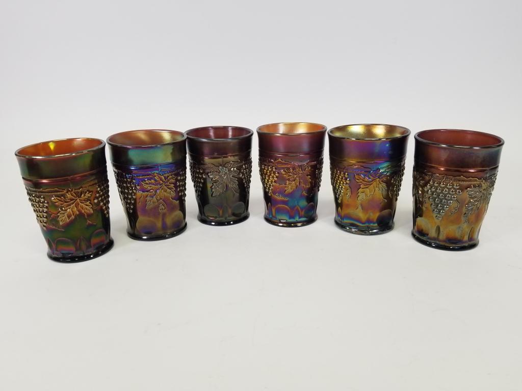 6 Northwood Glass Grape and Cable Tumblers: Tumblers measure 3" diameter by 4" tall. Chip on the base of 1 tumbler.