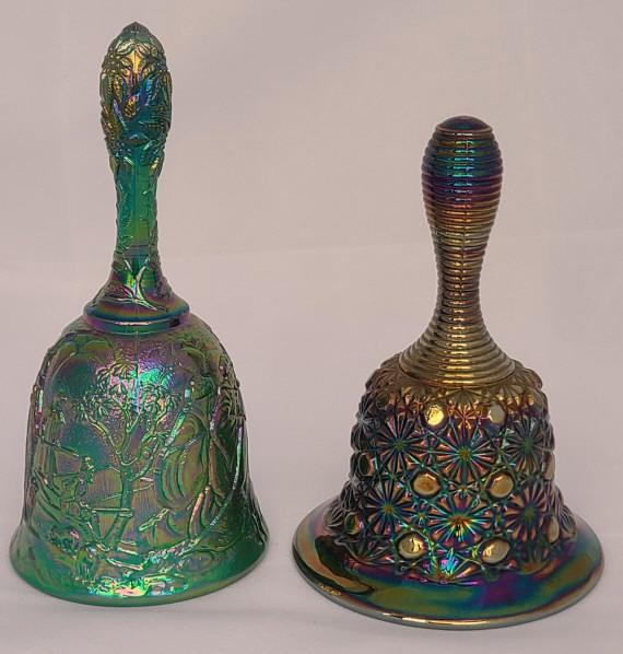 Pair of Fenton Carnival Glass Bells: One looks to be amethyst, and the other emerald. One bell missing chain & striker.