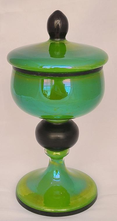 Nice Green MCM Czechoslovakian Compote with Lid: Nice Mid-Century Modern Czech iridescent glass piece!