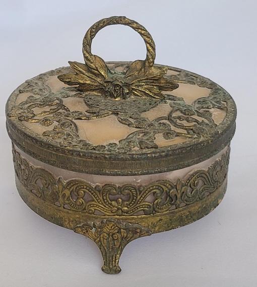 Antique Footed Powder Box with Brass Gold Ormolu: Please see photos to evaluate this lot.