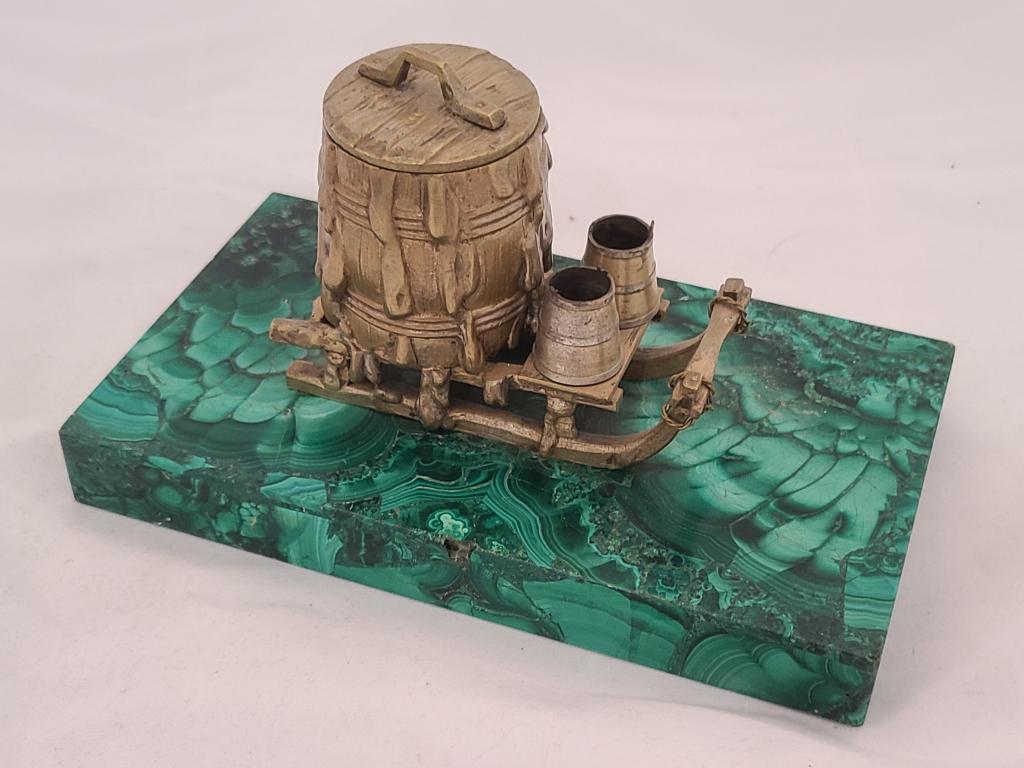 Antique Bronze Barrel on Sled w/ Malachite Base (1 of 8)