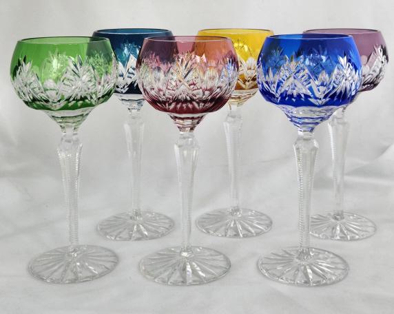 6 Bohemian Cut to Clear Multi Colored Wine Goblets: All in excellent condition.