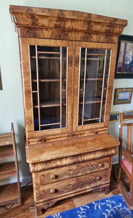Antique Burled Walnut Bookcase on 6 Drawer Chest (1 of 10)