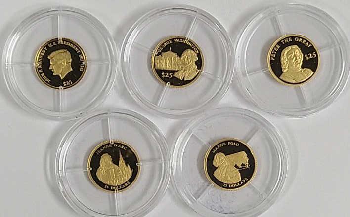 Five 3/4 Gram .999 Gold Liberia $25 Proof Coins (1 of 11)