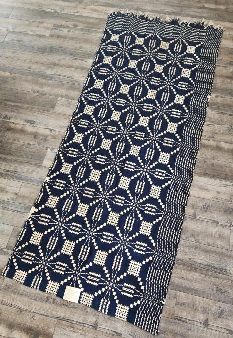 Antique Americana Blue and White Coverlet: Measures approximately 78" x 34". Appears to be cut down from original size.