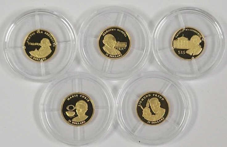 Five 3/4 Gram .999 Gold Liberia $25 Proof Coins (1 of 11)
