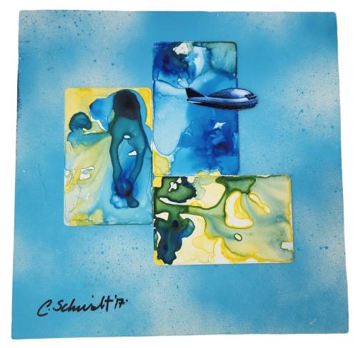 Carl Schmidt "Yellow Book" Mixed Media Art: Titled "Yellow Book". Mixed Media on Wood Board. Completed by Carl Schmidt in 2017. Artist's Signature in the bottom left corner. Board measures approximately 8" x 8" x .5".