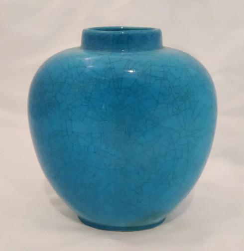 Vintage Boch Freres Keramis Crackle Belgian Vase: A beautiful vintage turquoise vase that was before its time. Although this was made before the period, it screams mid-century modern. Probably made in the 1920's. Brilliant turquoise blue crackle glaz