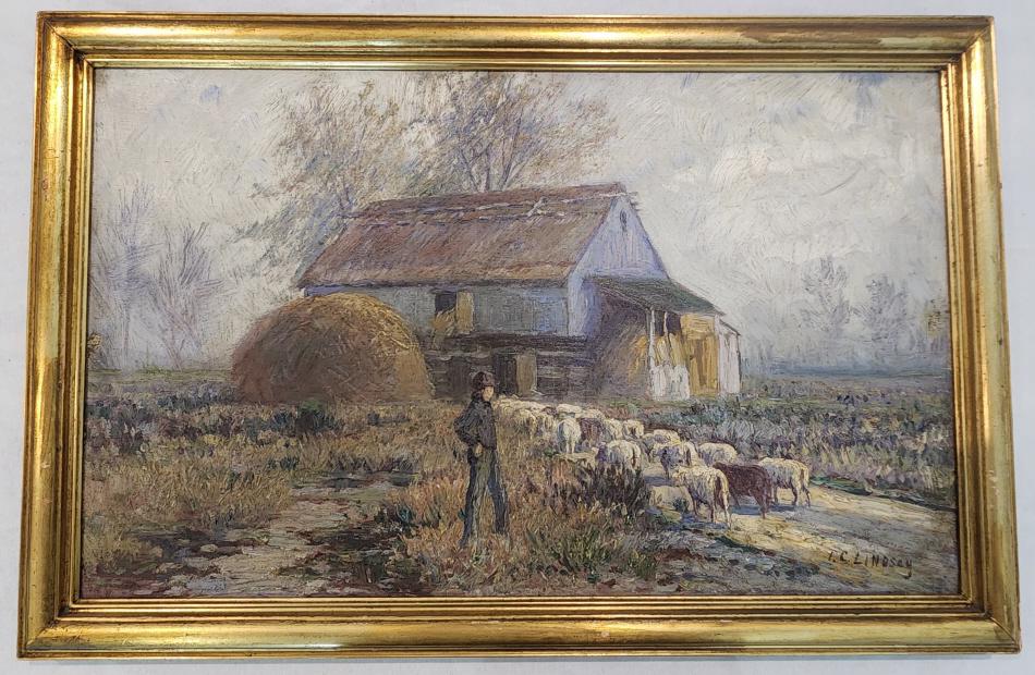 Antique T. C. Lindsay Farmer & Sheep Oil Painting (1 of 7)