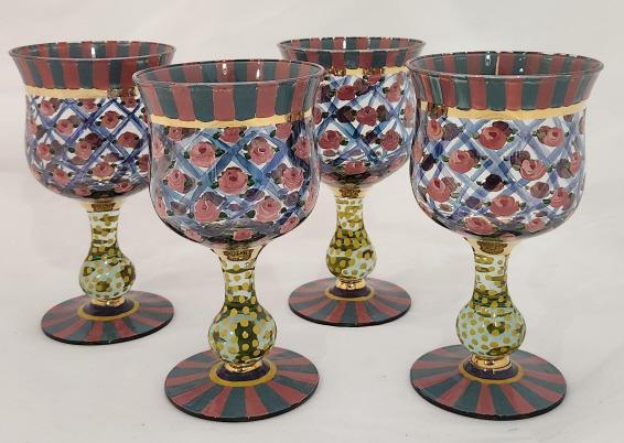 Four Large Mackenzie-Childs Circus Rose Goblets: Set of 4 MacKenzie-Childs Circus Rose wine / water goblets. Hand painted. Each 6.75" tall.