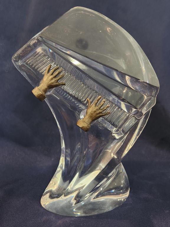 Vintage 10" Vinardi Crystal Art Glass Piano: Has bronze hands, signed and numbered 612/7500. Excellent condition. No chips, cracks, or repairs that we see.