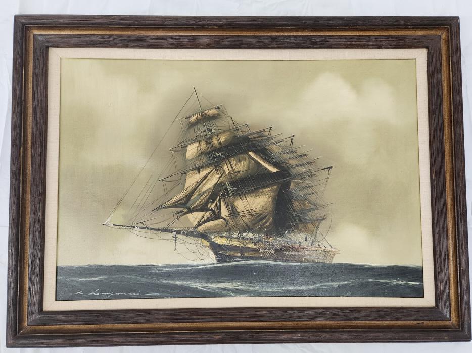 Renato Longanesi Clipper Oil on Canvas: Renato Longanesi (Born 1931) - Listed artist, currently lives in Italy. Framed original oil painting on canvas signed by the artist, Renato Longanesi. Frame measures 44.5" x 27.25".