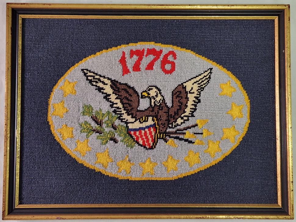 Framed Revolutionary War Inspired Embroidery: Revolutionary War inspired embroidered art. Displayed in a 16" x 12" frame. Estimated domestic US shipping cost for this auction lot is $35 to $80, depending on your location and the final hammer pric