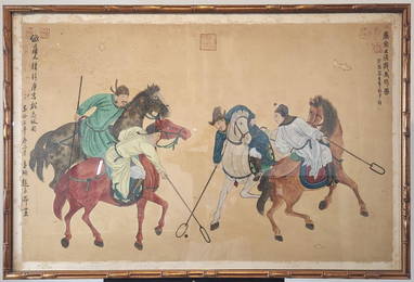 Spectacular Antique Framed Chinese Polo Painting