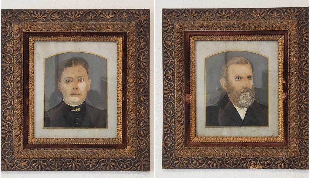 Antique Hand Colored Family Portraits Nice Frames: A pair of antique hand colored portraits of a man and woman, each presented in vintage frames measuring 22.25" x 24.25". Estimated domestic US shipping cost for this auction lot is $50 to $125, depend