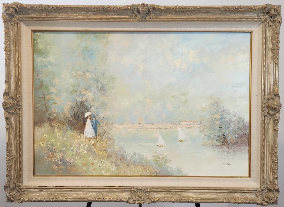 Pierre Du Bois Impressionist Oil Painting: Original impressionist oil painting on canvas by French painter Pierre Du Bois. Signed by the artist in the bottom right corner and framed in a 43" wide x 31.5" high x 3" deep frame. Estimated domesti