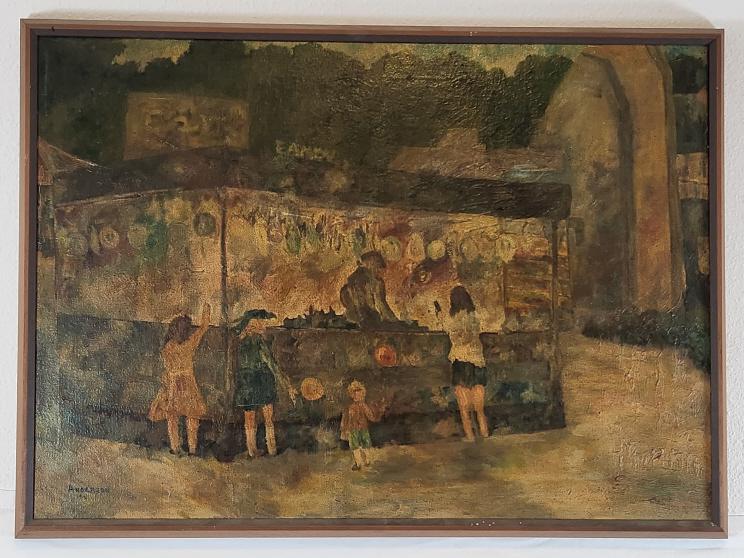 David Anderson Candy Stand Oil Painting on Canvas: Oil on canvas titled "The Candy Stand at Willow Grove Park", displayed in a 29.5" by 21.5" frame, signed and dated 1961.