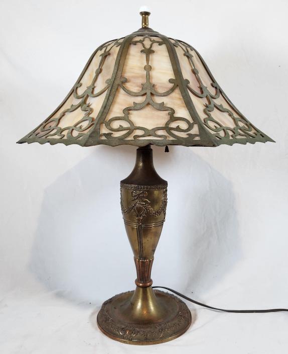 Antique 6 Panel Caramel Slag Glass Shade Lamp (1 of 7)