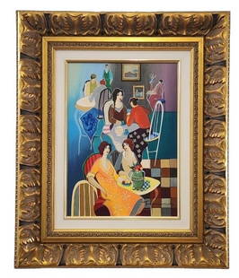 Itzchak Tarkay Winding Down #1 Serigraph on Canvas: Itzchak Tarkay 15 1/4" x 11" serigraph in color on canvas. Hand signed in ink by the artist and numbered 67/295, in a professional frame measuring 20 1/2" x 24 3/4". Includes Certificate of Authentici