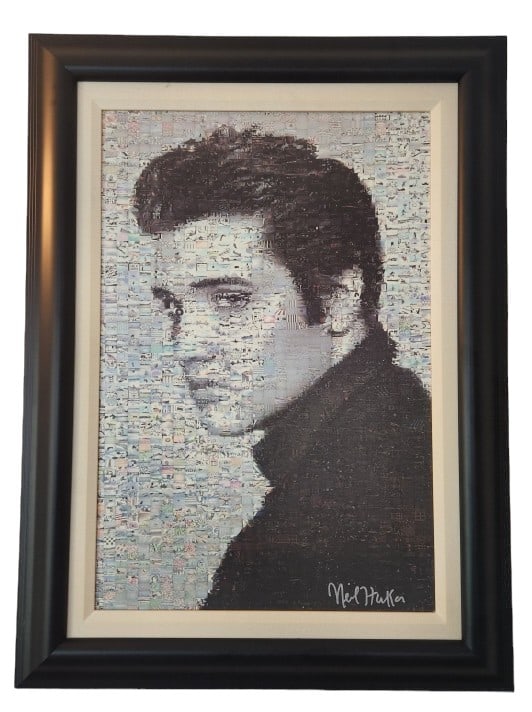 Neil Farkus Elvis Color Seriolithograph on Canvas: Neil J. Farkus "Elvis" Seriolithograph in color on canvas. Signed in ink, lower right, and numbered on the verso. Measures approximately 25" x 16 3/8" and displayed in a 32" x 23 3/4" frame. Includes 