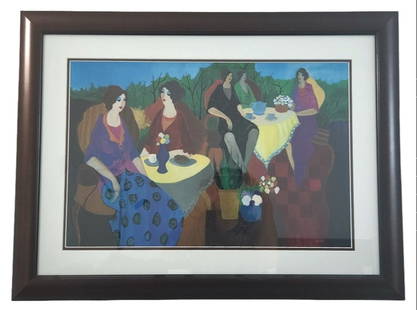 Itzchak Tarkay Morning Social Signed Seriolitho: Morning Social by Itzchak Tarkay seriolithograph in color on paper. SIgned in the plate Measures approximately 15 3/4" x 24" and displayed in a 24 1/2" x 32 1/2" quality frame. Includes COA and