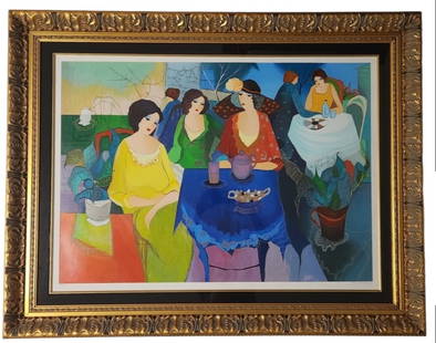 Itzchak Tarkay Tea at the Club Signed Serigraph: Itzchak Tarkay "Tea at the Club" large serigraph in color on wove paper. Signed in pencil, lower right, and numbered 187/325. Measures 26 1/2" x 37 1/4" in a 38 3/4" x 49 1/2" quality frame. Includes