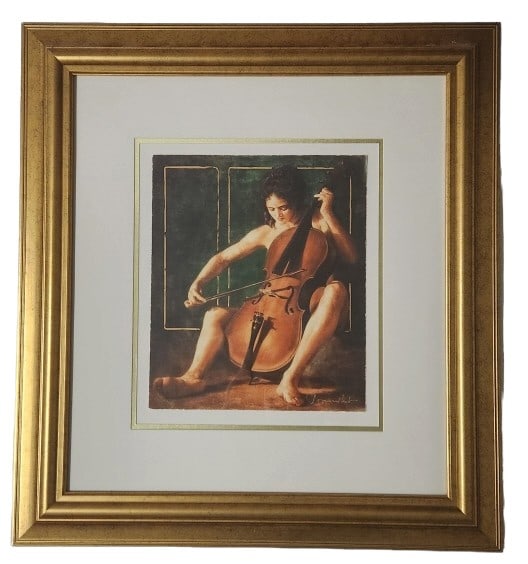 Tomasz Rut Scherzo for Cello Signed Giclee: Tomasz Rut "Scherzo for Cello" giclee with 22k gold embellishment. Signed and numbered 191/295. Size is not documented, but this piece is displayed in a 31 1/2" x 29" professional frame. Includes COA 