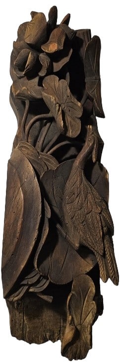 Asian Wood Sculpture with Pheasant & Florals: 28" tall x 8 1/2" wide x 6" deep. Some signs of age and wear. Please see photos for further details.