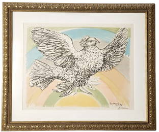 Pablo Picasso Pencil Signed Rainbow Dove of Peace