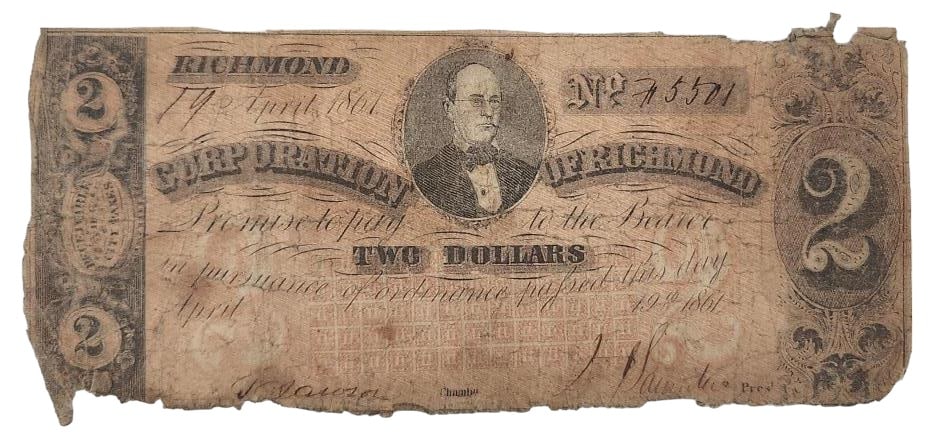 1861 Corporation of Richmond $2 Confederate Note (1 of 9)