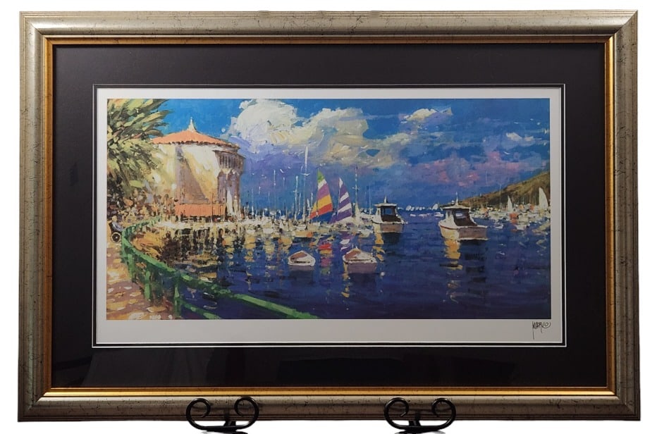 Marko Mavrovich A Day in Catalina Seriolithograph: Up for auction is a framed Marko Mavrovich Seriolithograph on archival paper titled "A Day in Catalina", signed in the plate. 12 1/4" x 24 1/2" artwork set in a 34 1/4" x 22 3/4" glass frame and sold