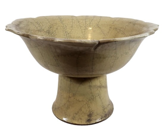 Beige Crackle Glaze Asian Ceramic High Platter (1 of 10)