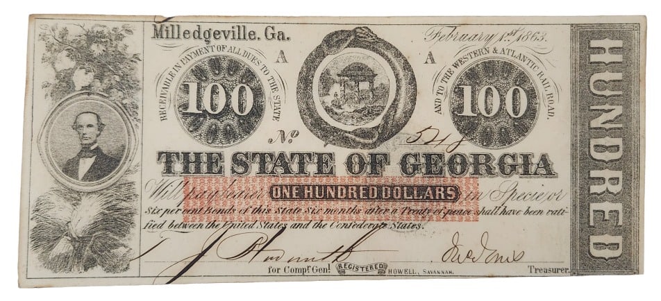 1863 State of Georgia $100 Currency Note (1 of 10)