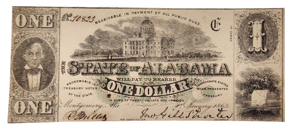 1863 State of Alabama $1 Currency Note (1 of 8)