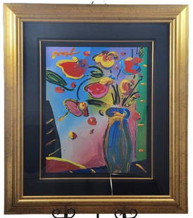 Peter Max Signed Faciliti-Link Flowers Mixed Media: "Faciliti-Link Flowers" Mixed media painting with acrylic and color lithography on paper with acrylic painted signature by Peter Max; 22 1/2" x 18" artwork in a 37 1/4" x 32 1/2" frame. Sold with a Pa