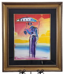 Peter Max Signed Umbrella Man Seriolithograph: Colorful limited edition Seriolithograph by Peter Max titled "Umbrella Man with Cane", hand signed in ink and numbered 449/500. 28" x 22" sheet professionally mounted in a 40" x 35" frame. Includes a