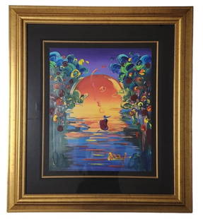 Peter Max Signed Rainforest Foundation Mixed Media: Mixed Media art by Peter Max titled "Rainforest Foundation", hand signed in acrylic, 22 1/4" x 18 1/2" artwork professionally mounted in a black 37 1/4" x 33 1/4" frame. Sold with a Park West COA and