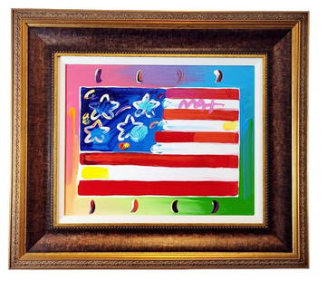 Peter Max Flag with Heart Original Painting: Striking and profound acrylic painting on canvas from Peter Max, titled "Flag with Heart XXIX #17". Features a signature by the artist in the top right corner, 17" x 21 1/4" canvas in a 27 1/2" x 31