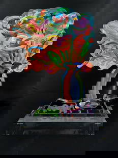 Peter Max Vase of Flowers Ver. 3 Original Sculpture: Beautifully painted Peter Max sculpture titled "Vase of Flowers Ver. 3 #35", this sculpture features rich brush strokes on clear acrylic, with Max's signature hand painted along the bottom edge. The s