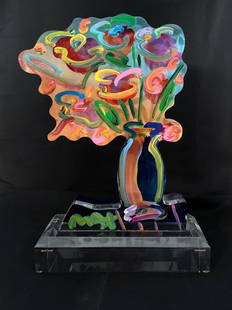 Peter Max Vase of Flowers Ver. 3 Original Sculpture: Beautifully painted Peter Max sculpture titled "Vase of Flowers Ver. 3 #35", this sculpture features rich brush strokes on clear acrylic, with Max's signature hand painted along the bottom edge. The