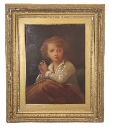 Antique After Alphonse Mucha Oil on Board Painting: After Alphonse Mucha "Painting of Son Jiri", antique painting on wood board, set in a 18" wide x 22" tall frame. See photos provided for condition details.