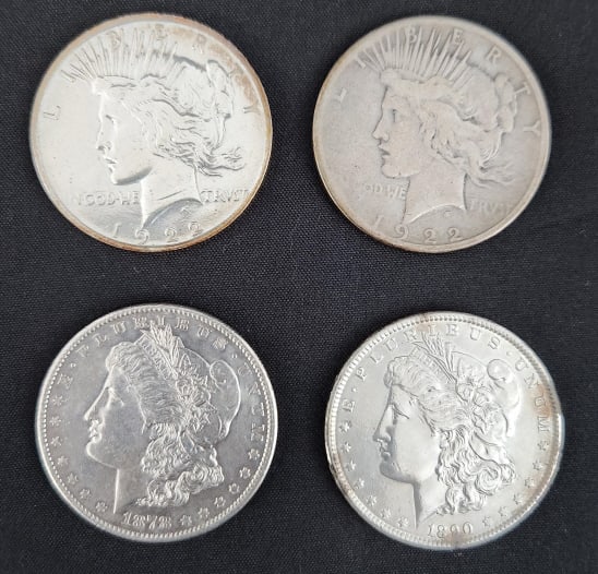 2 Morgan & 2 Peace Dollars - U. S. Silver Coins (1 of 10)