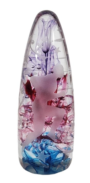 Vintage Duncan McClellan Signed Etched Art Glass: Alchemy Art Glass paperweight, signed and etched by Duncan McClellan. 7 1/4" tall x 2 3/4" wide.