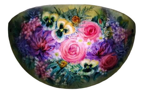 Ulla Darni Reverse Painted Glass Half Moon Sconce: Ulla Darni reverse painted half-moon glass sconce with roses motif, includes mounting attachments for the wall. Measures 24" wide x 13 1/2" tall. See photos provided for condition details.